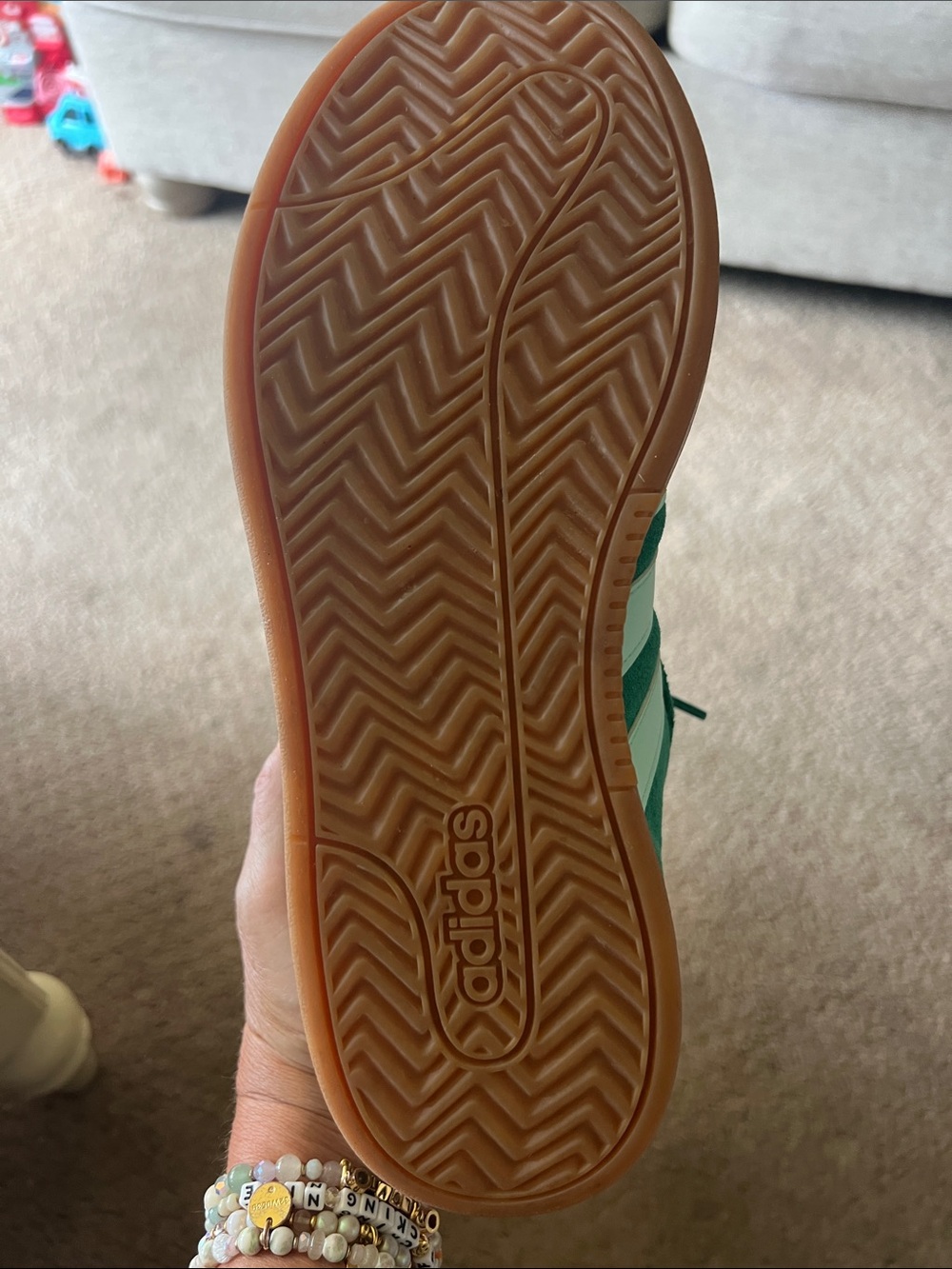 adidas Green Suede Athletic Sneakers with White Stripes and Gum Sole - Picture 2 of 6